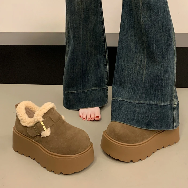 乐福鞋防滑加绒勃肯鞋秋冬雪地靴复古保暖棉鞋厚底包头增高松糕鞋
