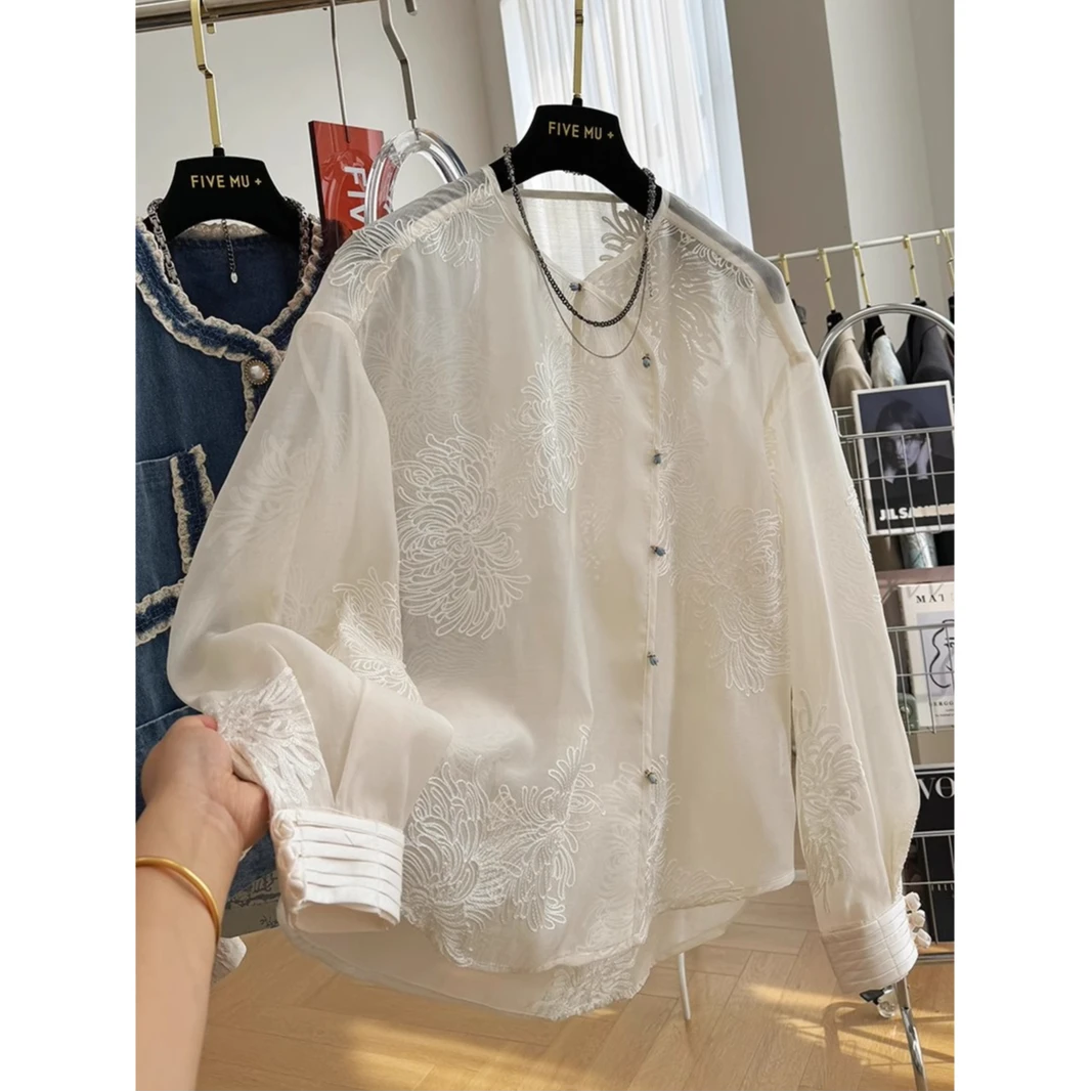 新中式国风高端重工刺绣衬衫女2025春季新款长袖蕾丝天丝麻上衣潮