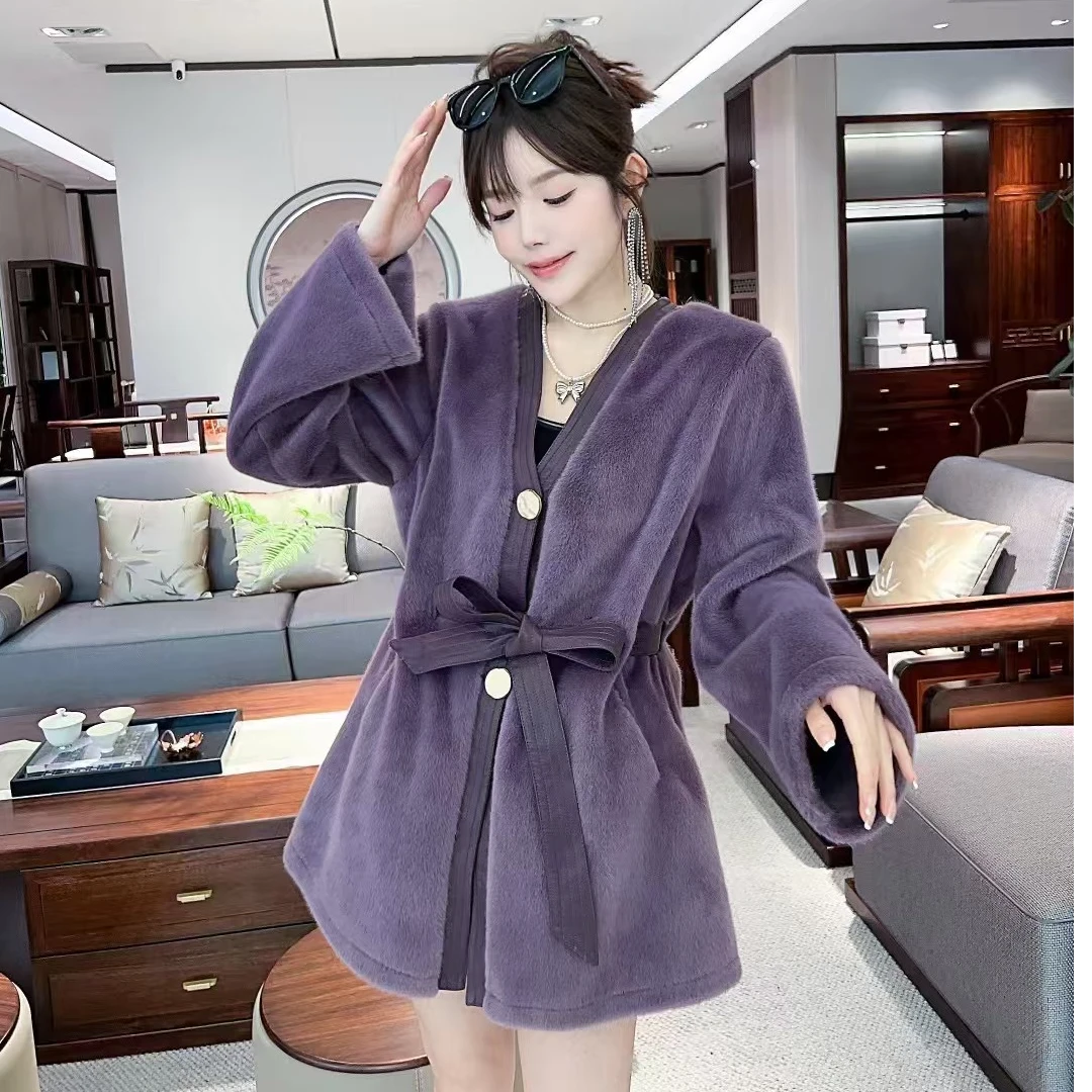 DYY-996胖MM显瘦腰带款大码女装环保外套保暖时尚百搭水貂绒大衣