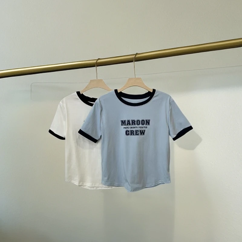 7702圆领拼接撞色字母T恤女款显瘦时尚百搭圆领简约T恤