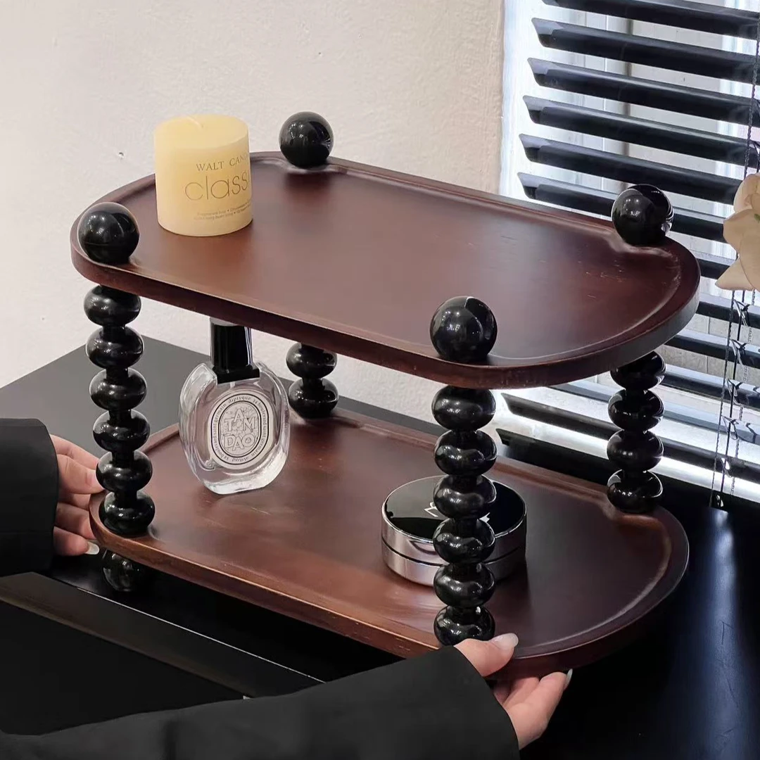 沐恩法式胡桃木中古风收纳架轻奢高级感桌面台面香水多功能置物架