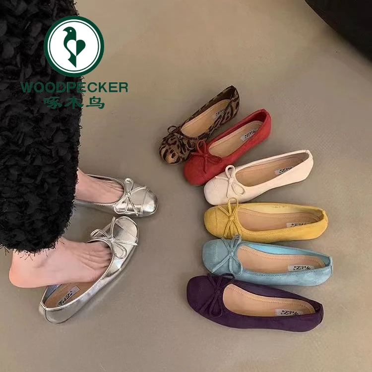 啄木鸟法式蝴蝶结圆头芭蕾舞鞋2025平底温柔晚晚鞋夏季新款单鞋女