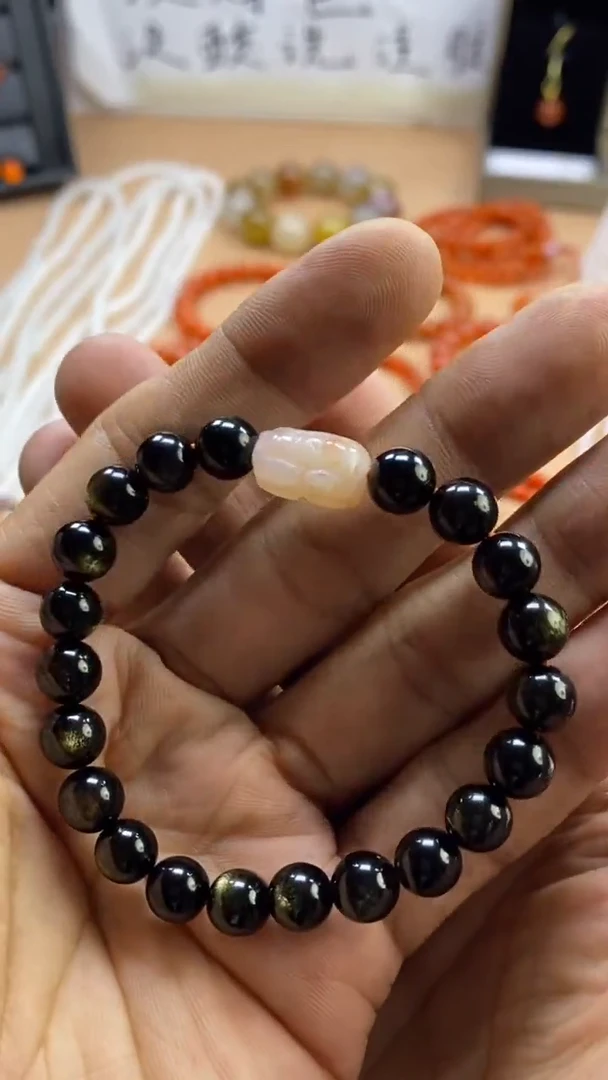 未镶嵌黑曜岩手串原矿无优化 金曜石搭配貔貅雕刻件单圈手串