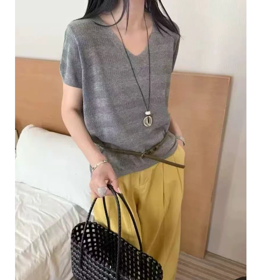 LB有运费补贴~V领时尚休闲复古镂空条纹天爽亚麻上衣