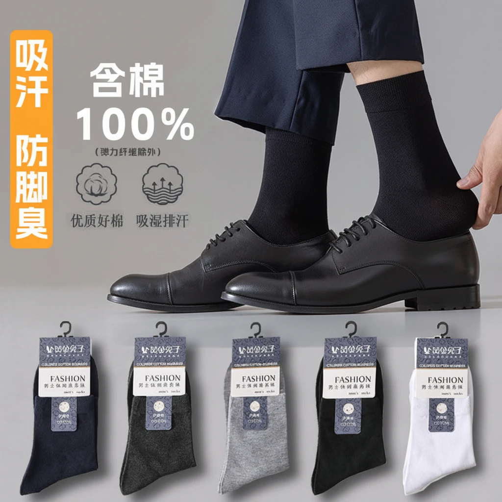 100%新疆精梳棉男士休闲商务袜子男四季款抗菌防臭吸汗透气中筒袜