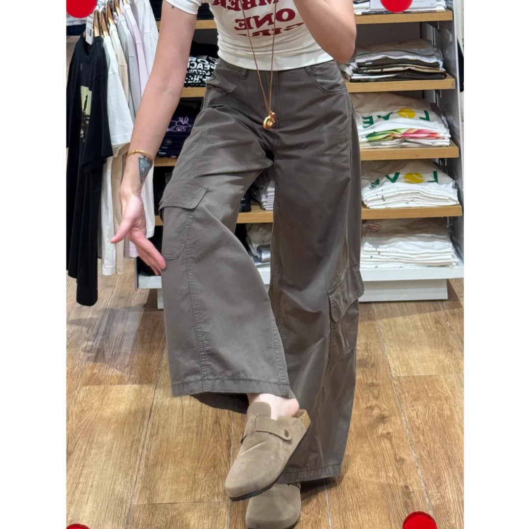 美式复古高腰阔腿工装裤女新款宽松显瘦弯刀裤梨型身材直筒休闲裤