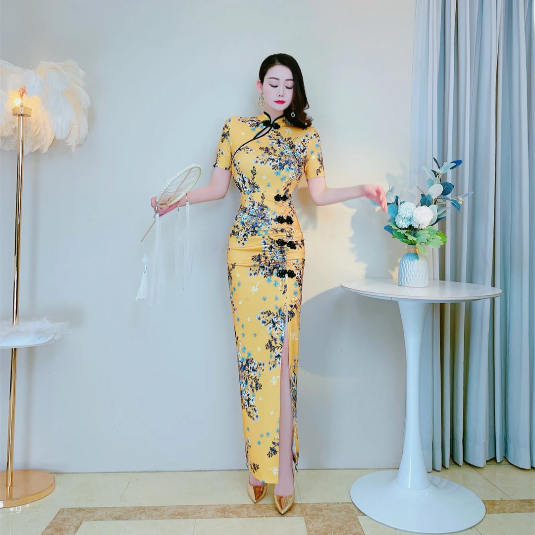 优雅气质新中式改良旗袍收腰显瘦包臀褶皱遮肚子复古花色连衣裙