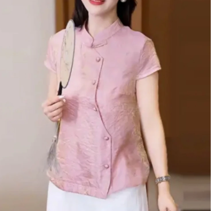 2025年新中式优雅中年女士盘扣短袖上衣夏季薄款渐变潮流百搭女装