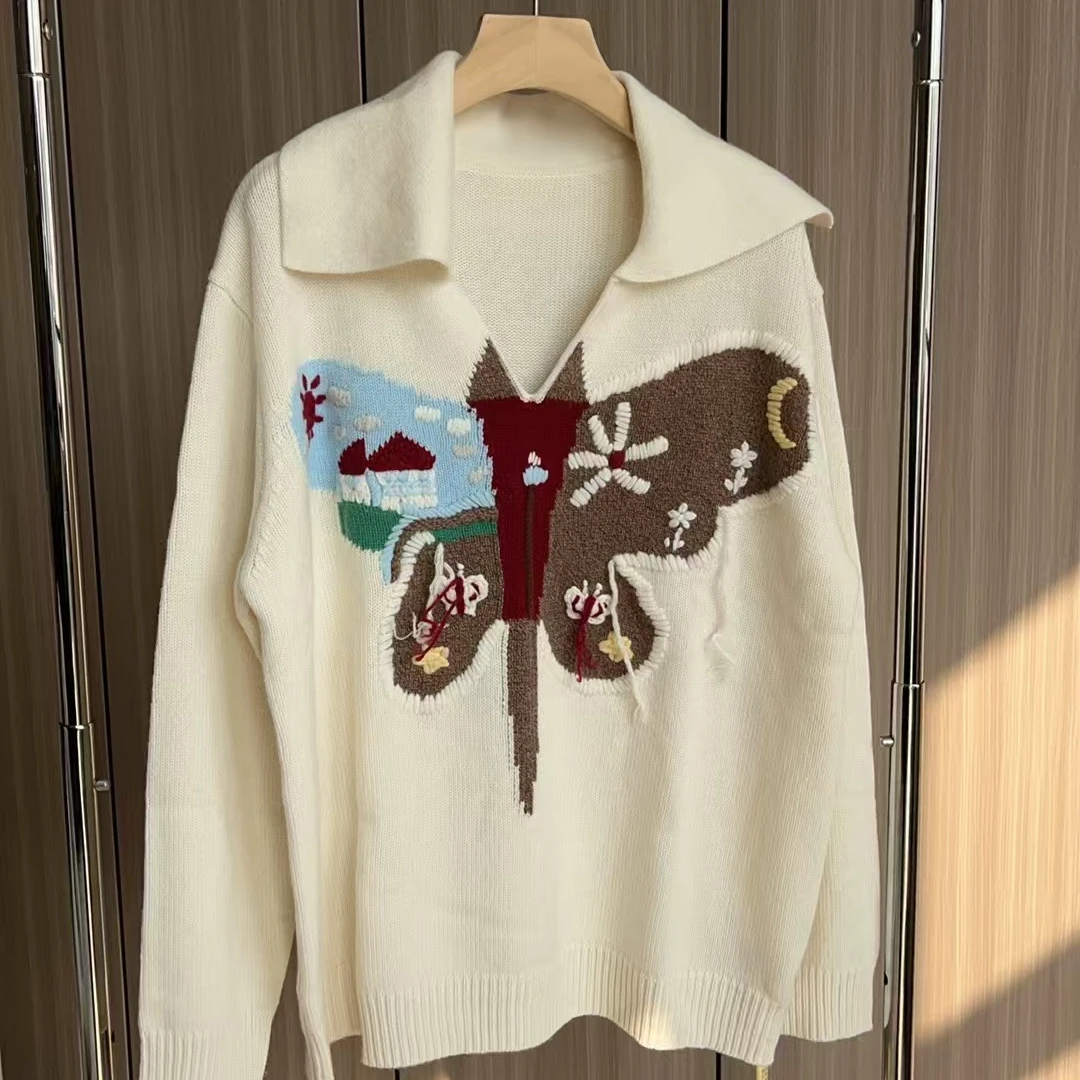 【重工手绣蝴蝶】241373秋冬新款重工剪刀领羊绒衫时尚轻奢款
