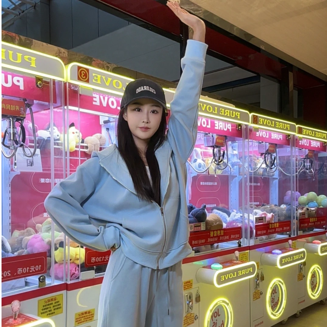 【懒系加州 舒适在线】2025春季新款连帽卫衣女套装高腰休闲三件套