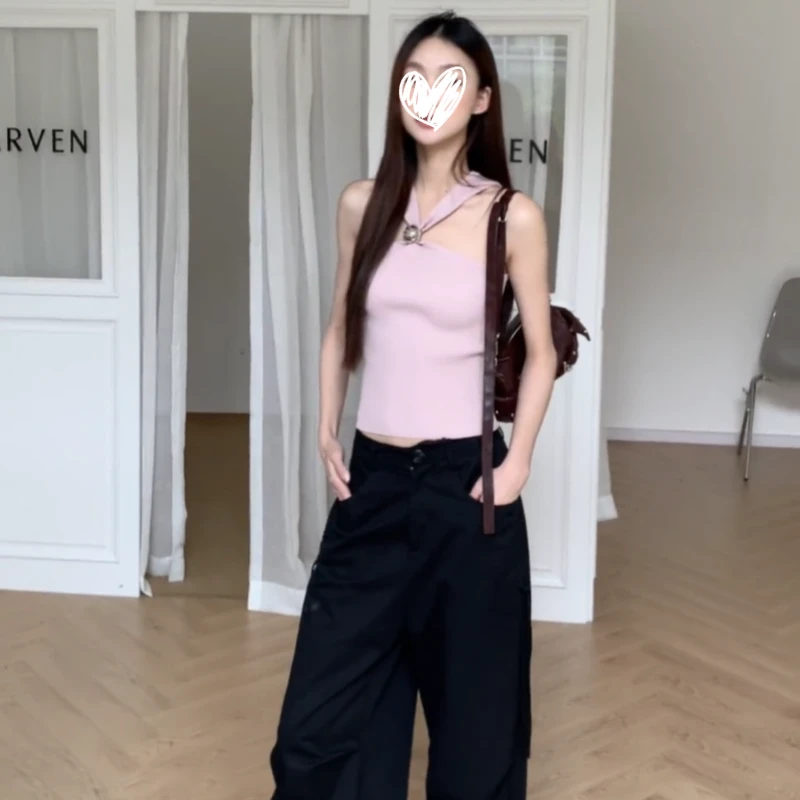 艺等2025年法式夏季高级感交叉辣妹风挂脖修身显瘦纯欲背心女上衣