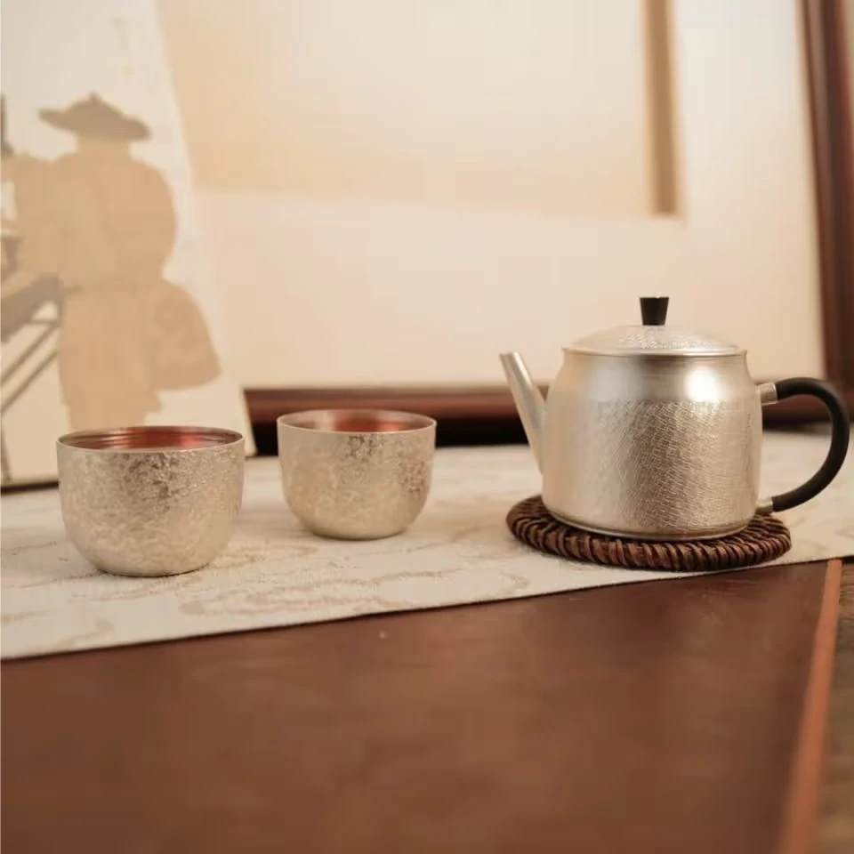 【特惠】壶尔摩斯《布纹》套组一壶两杯 家用纯手工容量便携足银999