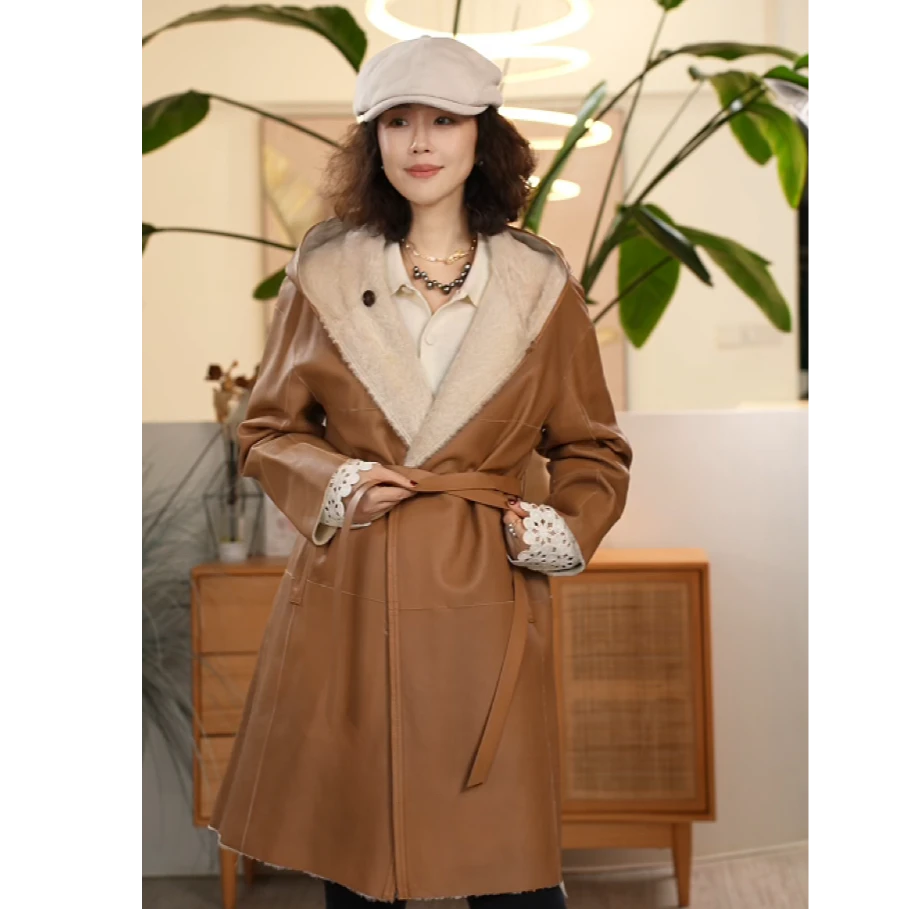 Y【叭哒不惑】光芒 羊皮毛一体百搭系带连帽中长款秋冬皮外套