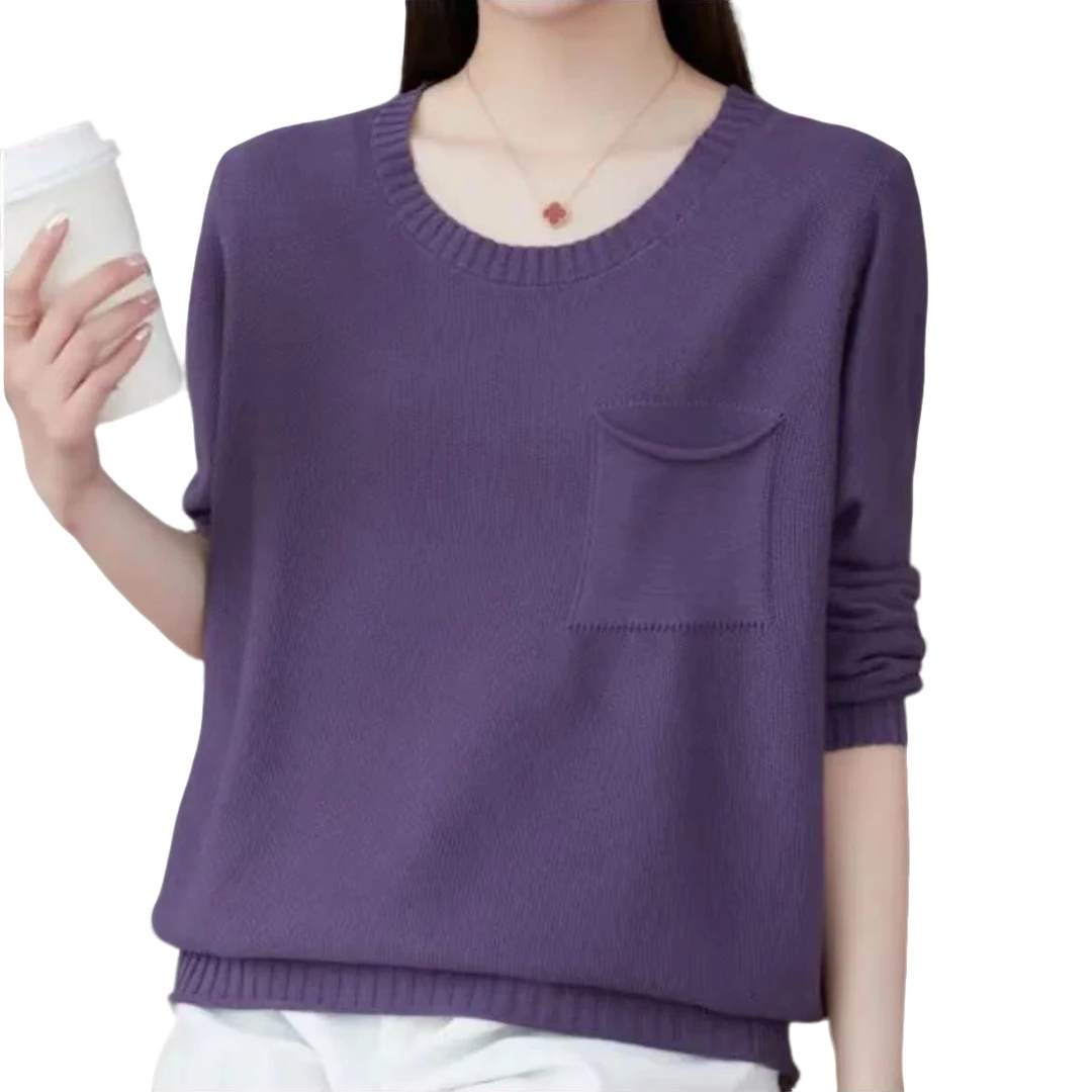 春季显瘦新款棉线长袖圆领口袋针织衫洋气百搭宽松纯色套头时尚