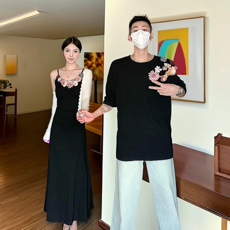 情侣装夏季小众设计感扎花收腰显瘦女吊带裙开衫男短袖一裙一衣