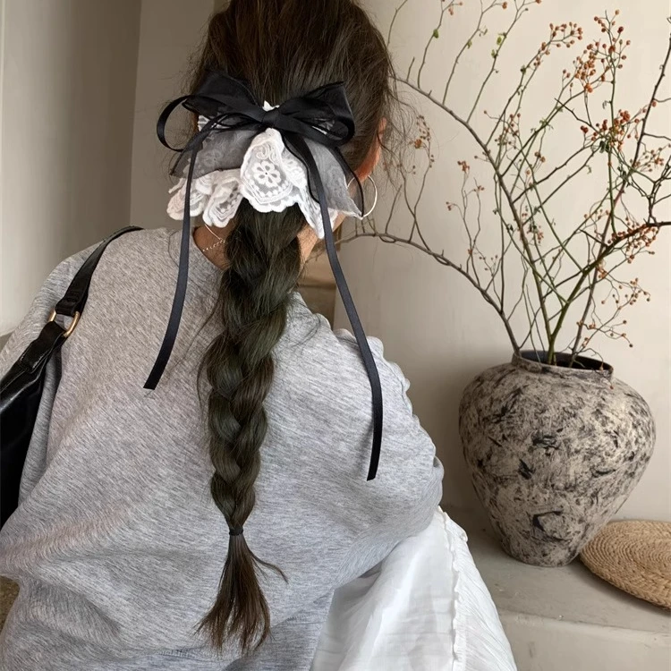 韩系蕾丝裙摆蝴蝶结低马尾发夹2025新款法式甜心公主半扎发头饰女