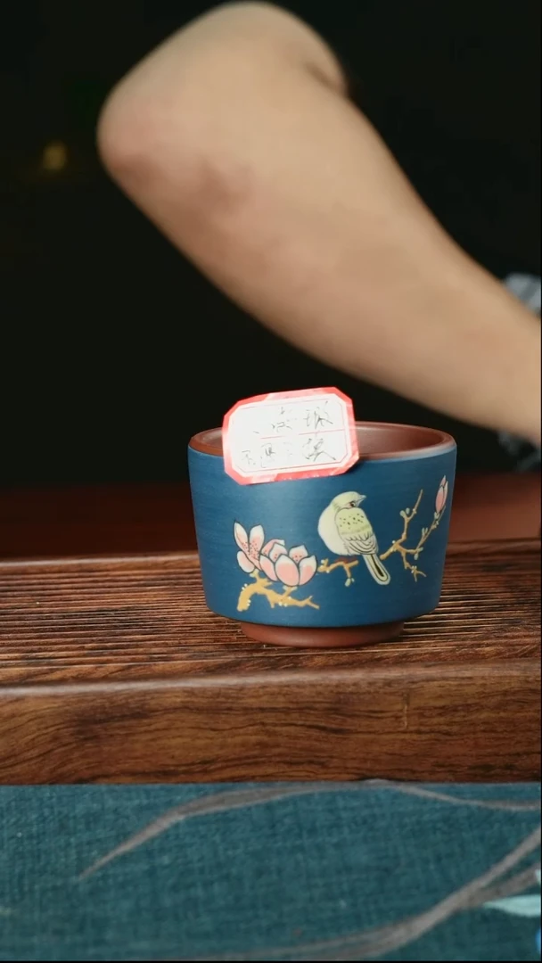 茶杯紫砂粉浆蓝小鸟（微微瑕不退不换）