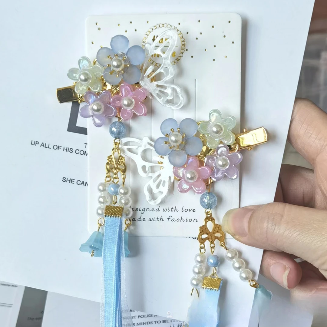 儿童古风蝴蝶发夹汉服飘带配饰超仙女童中国风边夹