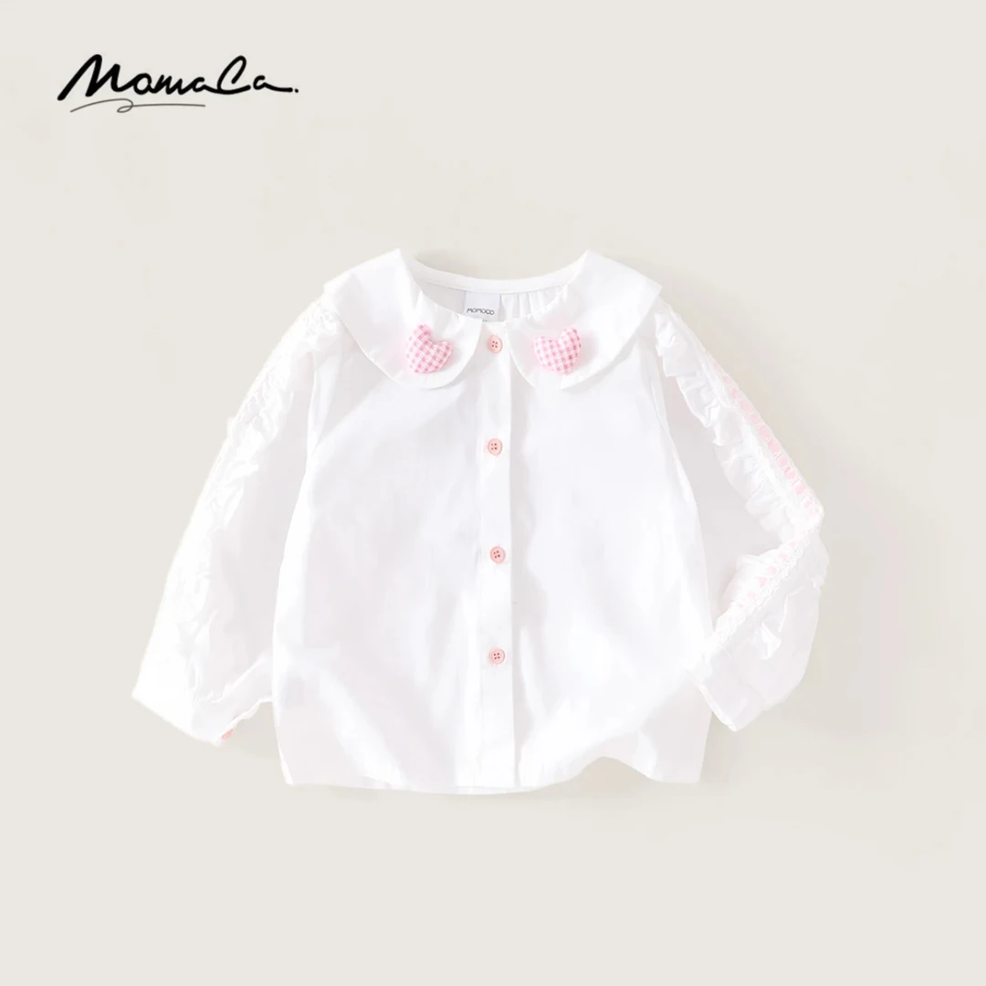 MOMOCO春季新款女童时尚甜美花边小爱心白色纯棉衬衫77580234006
