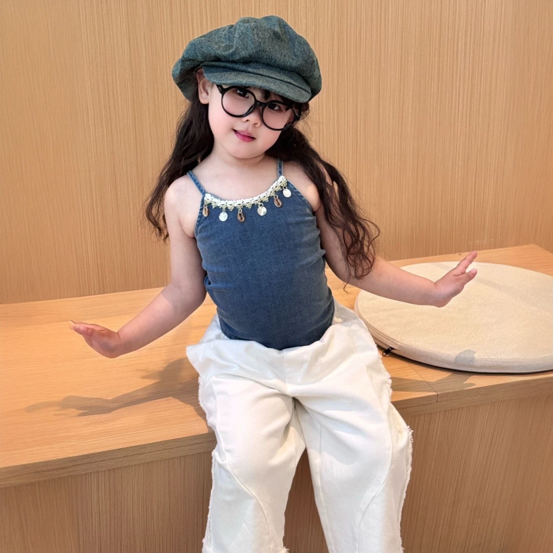 小惜亦夏季韩版童装女童牛仔吊带小背心白色直筒裤宝宝洋气套装
