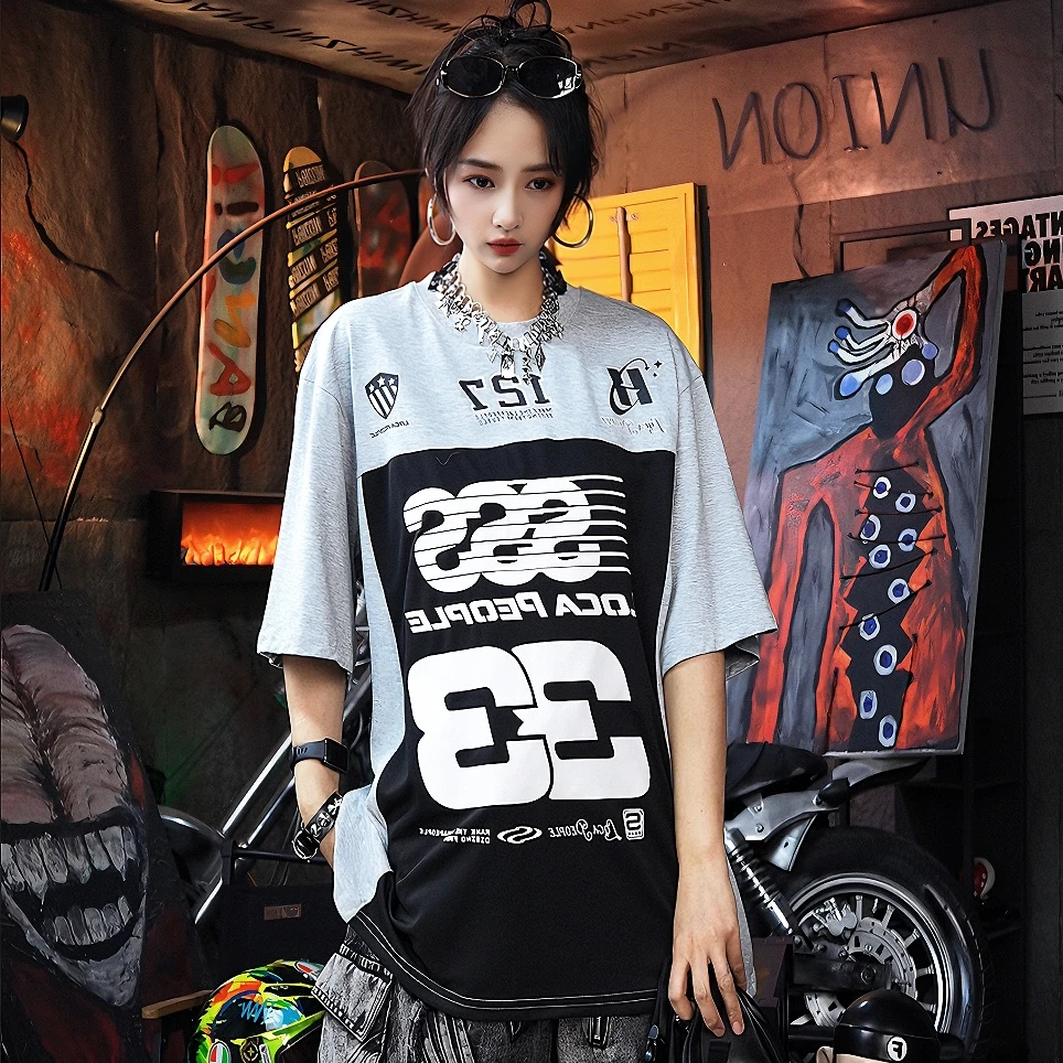 XLUN 【新款】明星同款重磅涂鸦短袖 拼接印花宽松不规则男女款