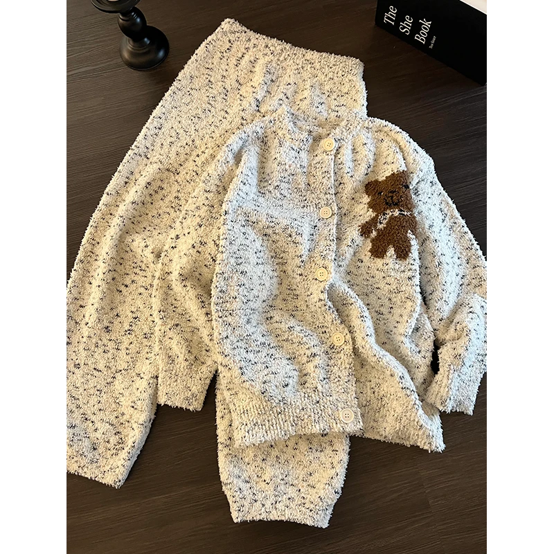 韩版少女卡通小熊半边绒睡衣女秋冬款大码加厚保暖家居服套装外穿