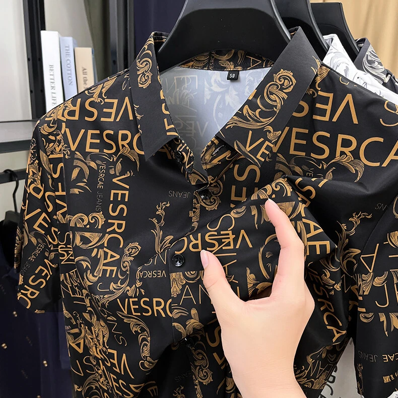 【爆款】冰感舒适夏季翻领短袖衬衫印花字母休闲宽松个性T恤上衣男