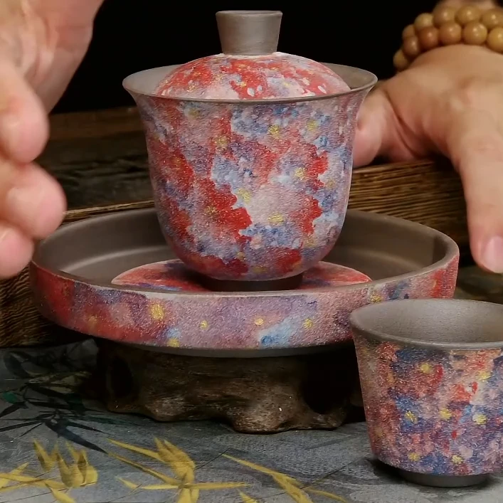 亘古岩矿彩陶三件套盖碗壶承主人杯茶具泡茶品茗杯喝茶高端陶瓷