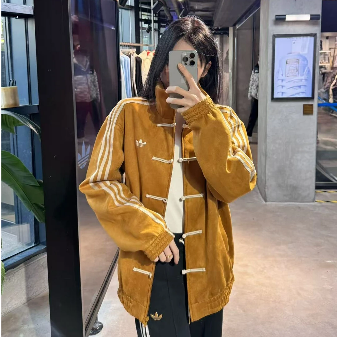 adidas三叶草CN TT DENIM新中式唐装盘扣绒面宽松夹克外套JZ9926