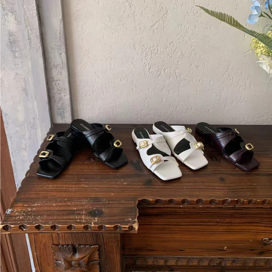 高端轻奢线复古老钱风方扣拖鞋  6672