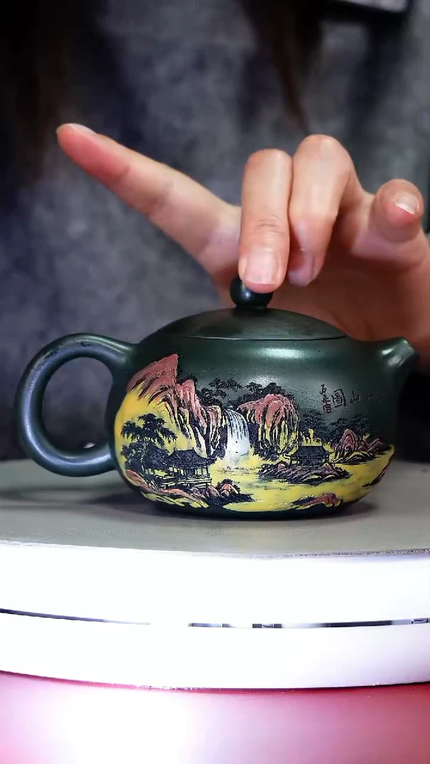 茶壶紫砂蒋静明绿泥千里江山彩绘西施220CC