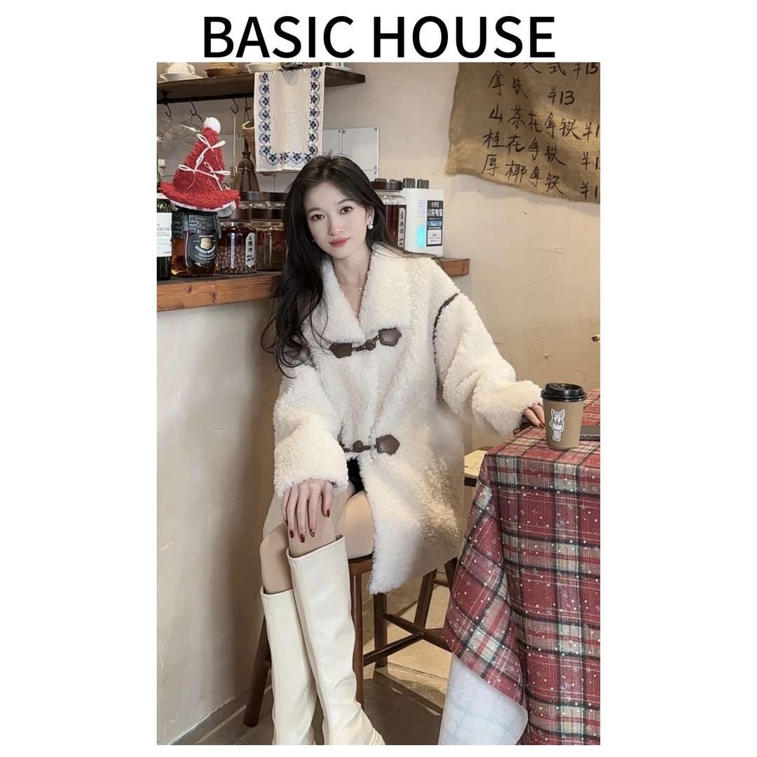 Basic House/百家好新款翻领绵羊毛冬季外套高端百搭翻领大衣女C