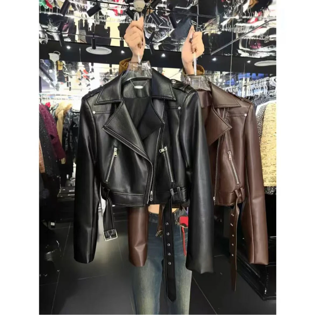 x23短款嘻哈风常规短袖水洗皮3D皮衣秋季网红春秋女士黑色时尚