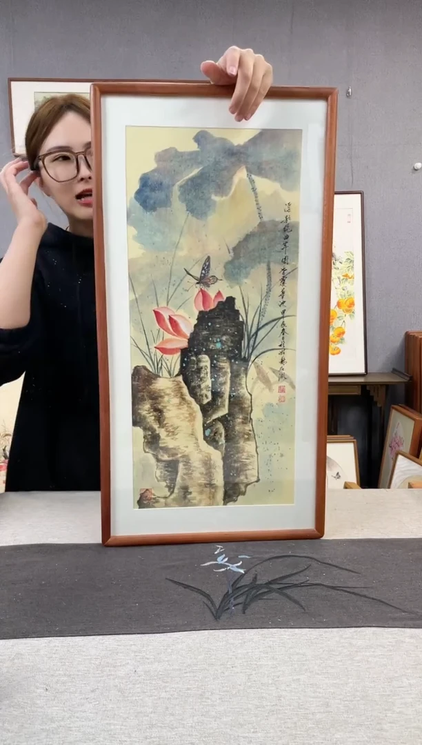 【闪购商品】国画王嘉诚-手绘带框作品-35*68-荷花