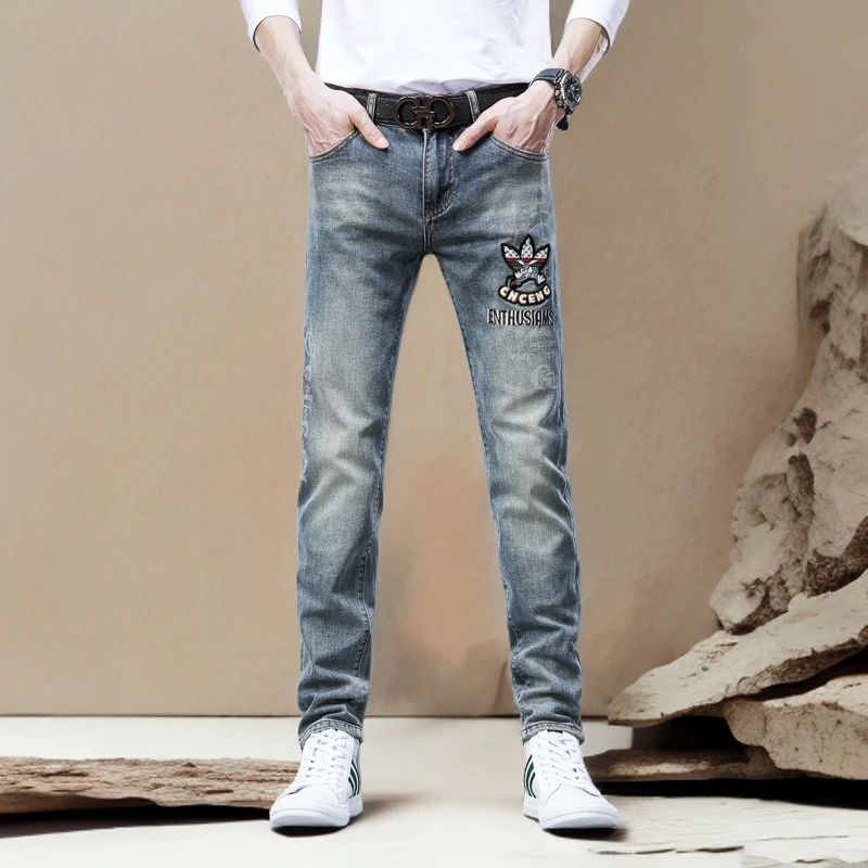 诺顿雷斯夏季新款男字母印花潮牌休闲百搭欧货修身小脚刺绣牛仔裤