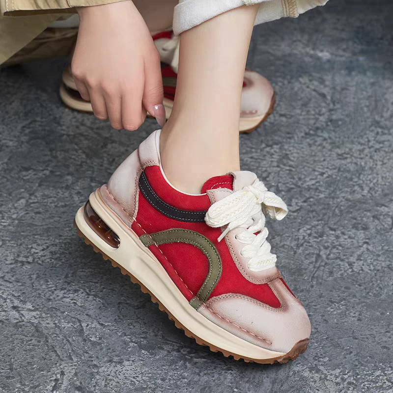 运动鞋真皮圆头阿甘鞋2025春夏新款复古潮鞋撞色系带时尚舒适单鞋