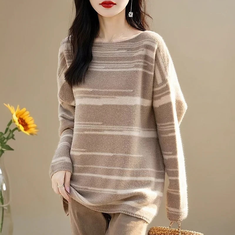 春节新款女装一字领纯羊毛衫女士宽松打底衫条纹减龄女款毛衣上衣