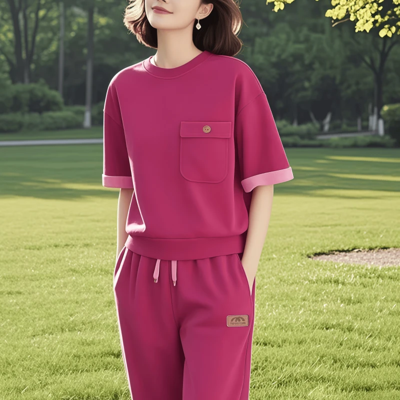 素订女装原创品牌旗舰店夏季短袖圆领撞色运动玫红色显白休闲套装
