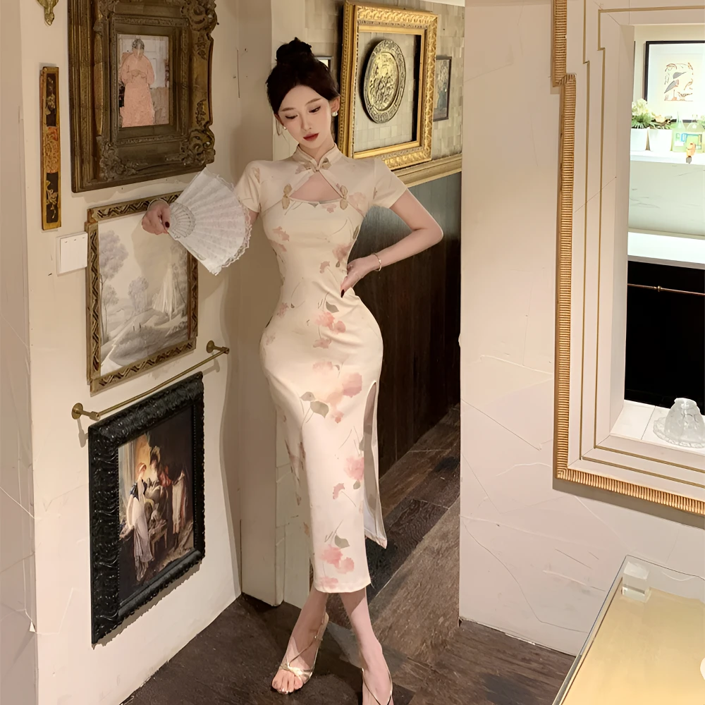法式设计感复古改良旗袍纯欲性感夏季印花开叉修身显瘦包臀连衣裙