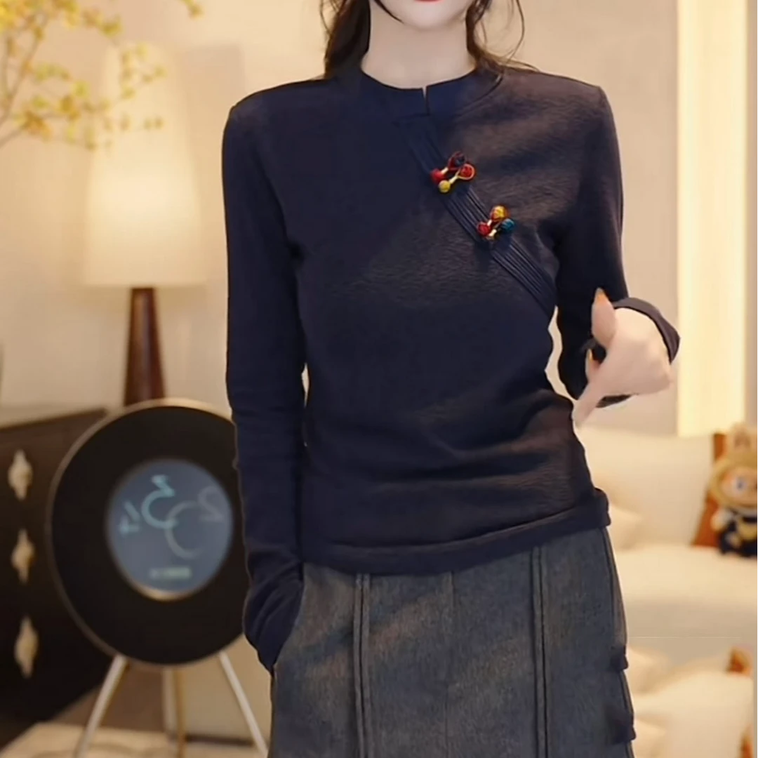 2025新款秋季新中式彩扣立领设计感百搭打底衫时尚修身显瘦T恤女