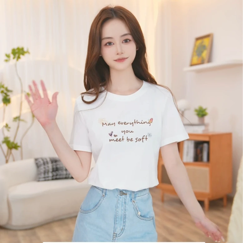 【商场同款】茵曼秋季纯棉百搭字母T恤女宽松套头短袖上衣