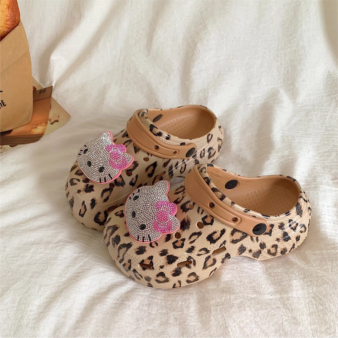 功夫Kitty~黑皮豹纹kitty洞洞鞋厚底沙滩凉拖鞋