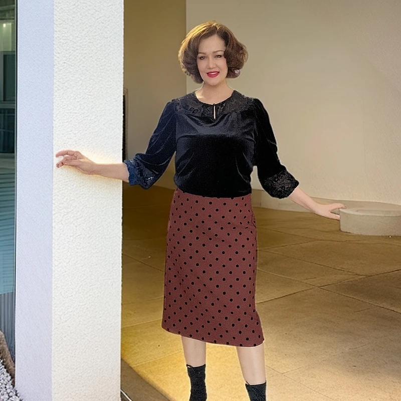 【包邮】安哥拉红黑波点波点开叉半身裙春秋时尚裙专场福利#812