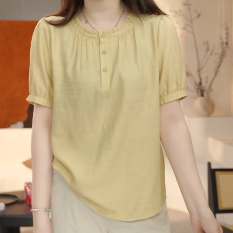 夏季新款百褶领纯色上衣气质减龄大气显瘦短袖高档衬衫女式洋气