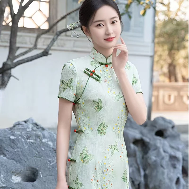 【风清余】2025春款新出炉韩国麻复合提花蝴蝶款气质时尚中长款旗袍