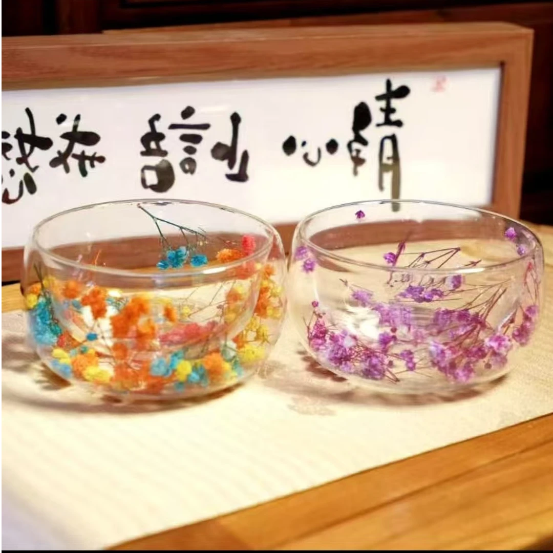 2只装新款双层永生花隔热玻璃杯网红防烫碗甜品碗混色两只装