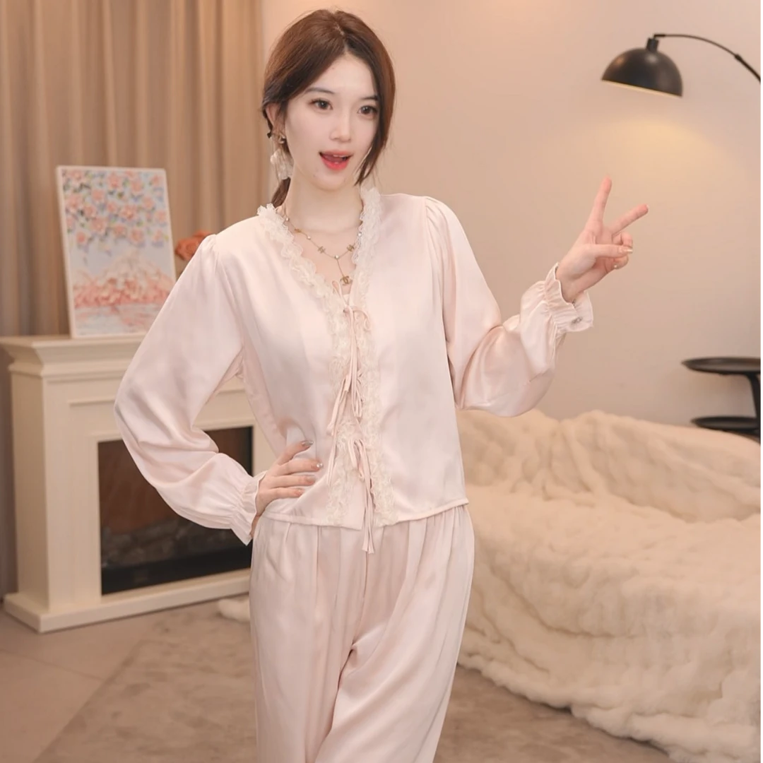 板栗小姐【御美】新款女春秋款蕾丝甜美风高级睡衣家居服套装可外穿