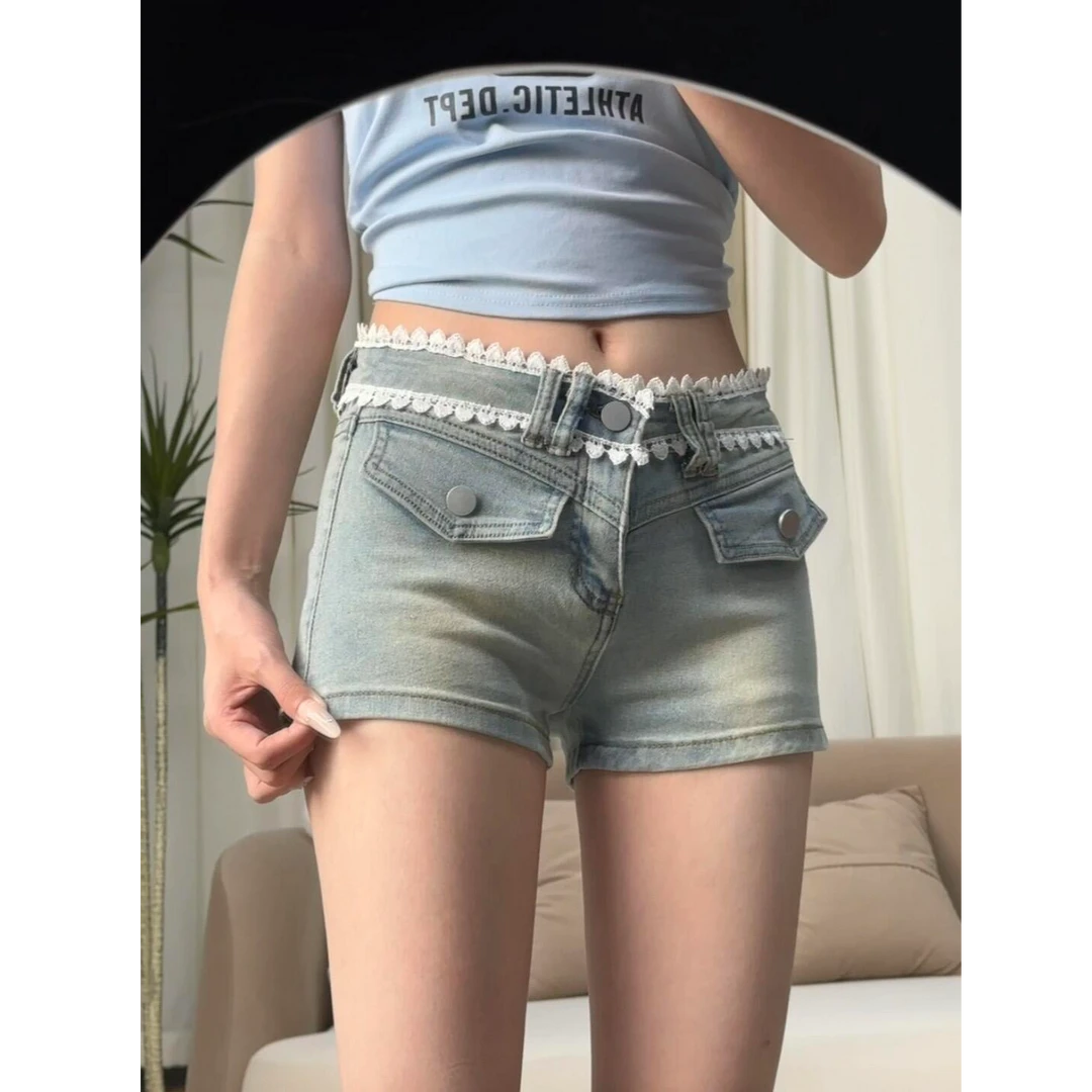 辣妹复古做旧水洗牛仔超短裤女夏季新款设计感低腰蕾丝边包臀热裤