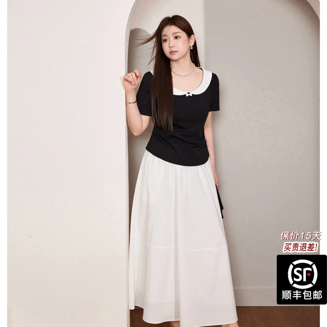 蓝语大码女装法式黑色显瘦短袖T恤高腰半身裙夏季两件套09870