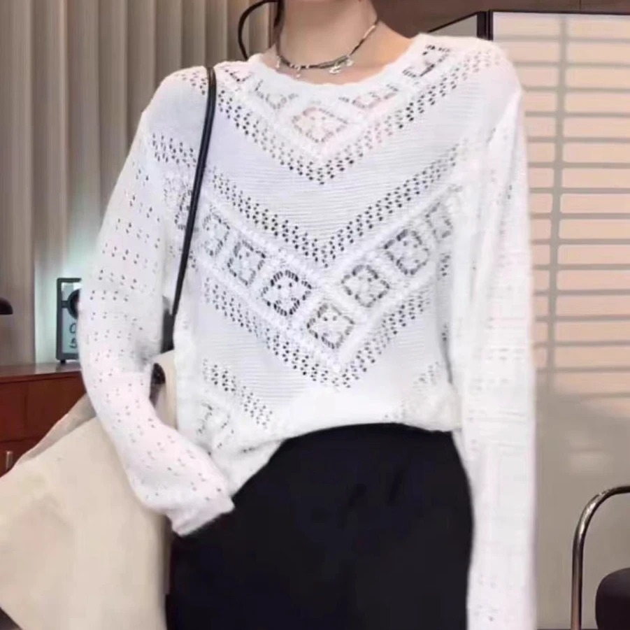 韩系减龄镂空钩花内搭真两件圆领针织衫长袖上衣(B6-3)5683